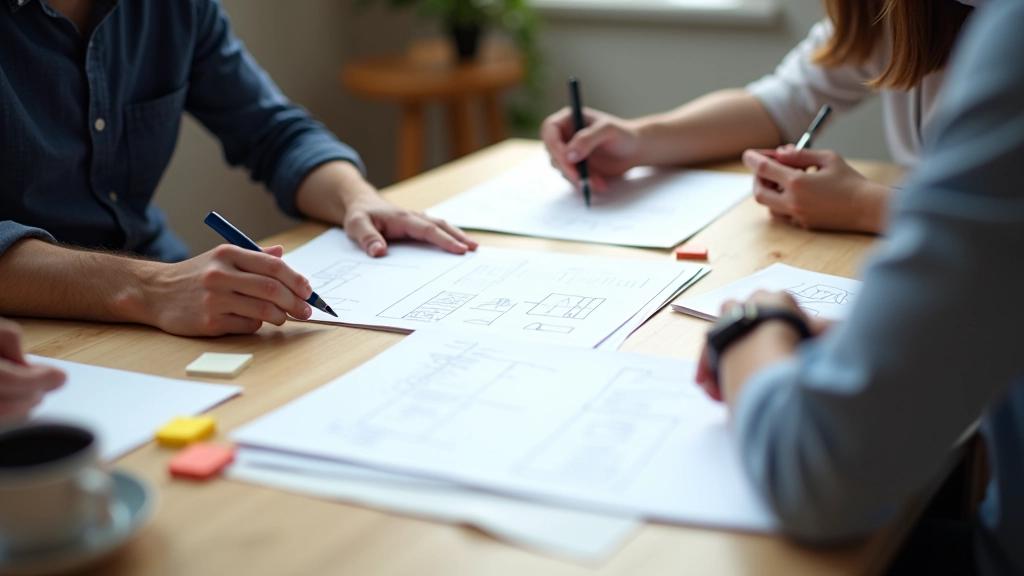 Komanda diskutuoja apie naudotojo sąsają, peržiūrėdama wireframe eskizus popierinėje formoje